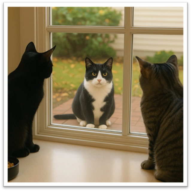 Nero and Tigger watch Bootsie through the kitchen window