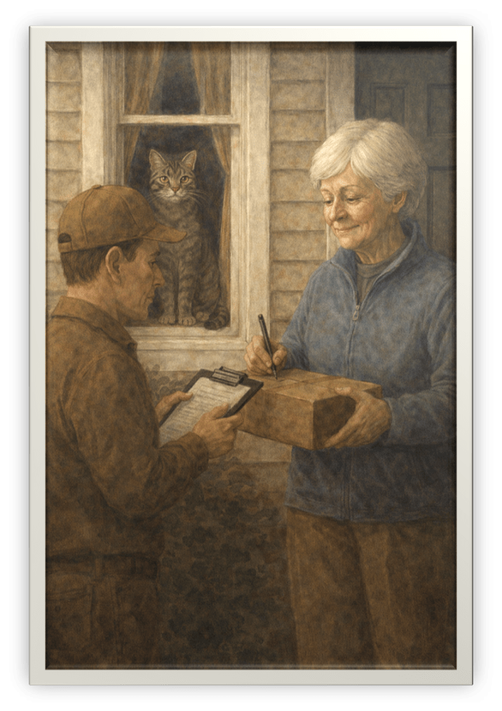Libby signs for a delivery package while Tigger watches from the window